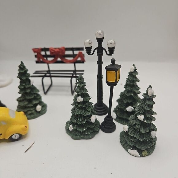 Vintage Village Mini Yellow Taxi Ceramic Car Trees Street Lamps Decorations - Picture 4 of 16